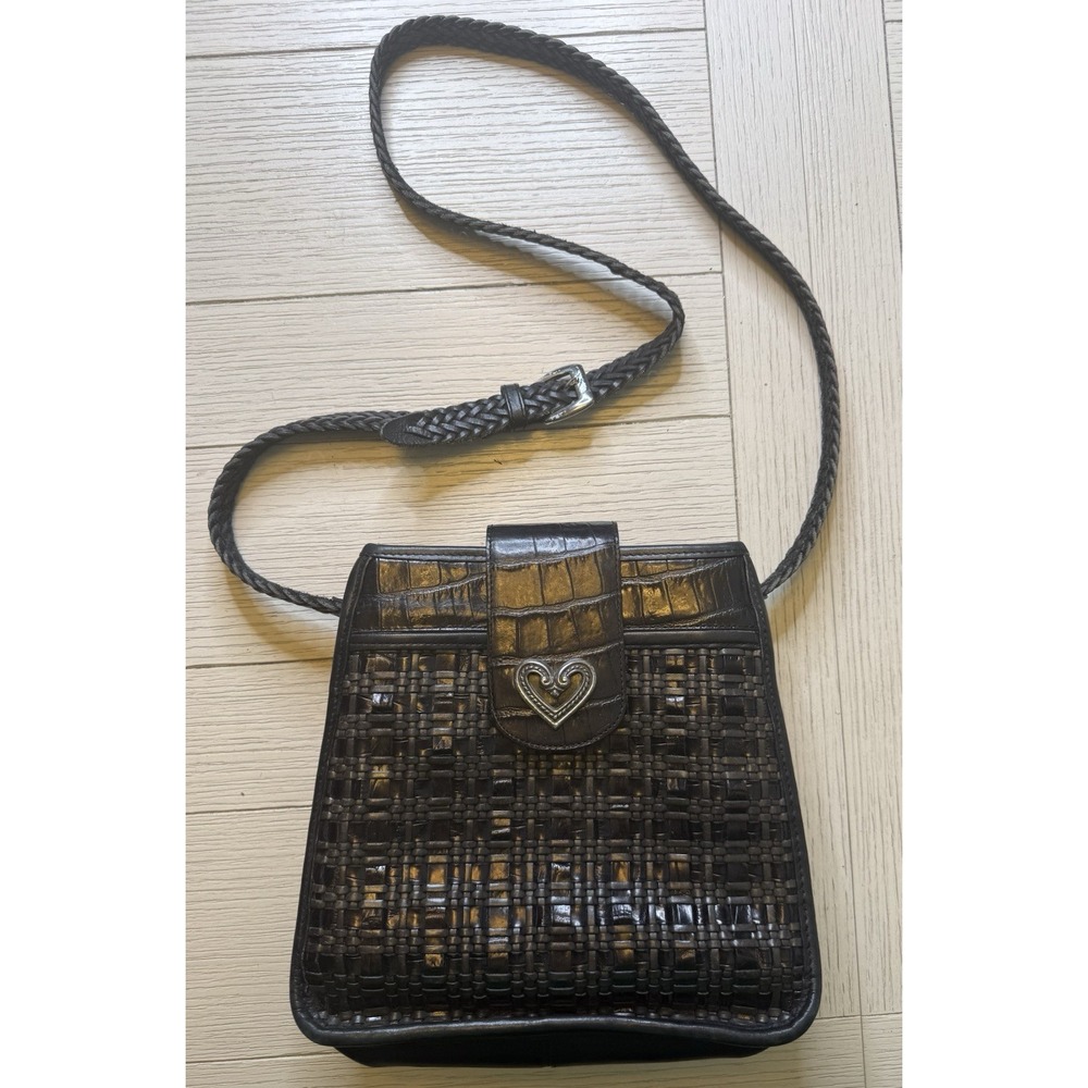 Brighton VTG 90s Woven Black‎ Leather Adjustable Crossbody Shoulder Bag W Heart